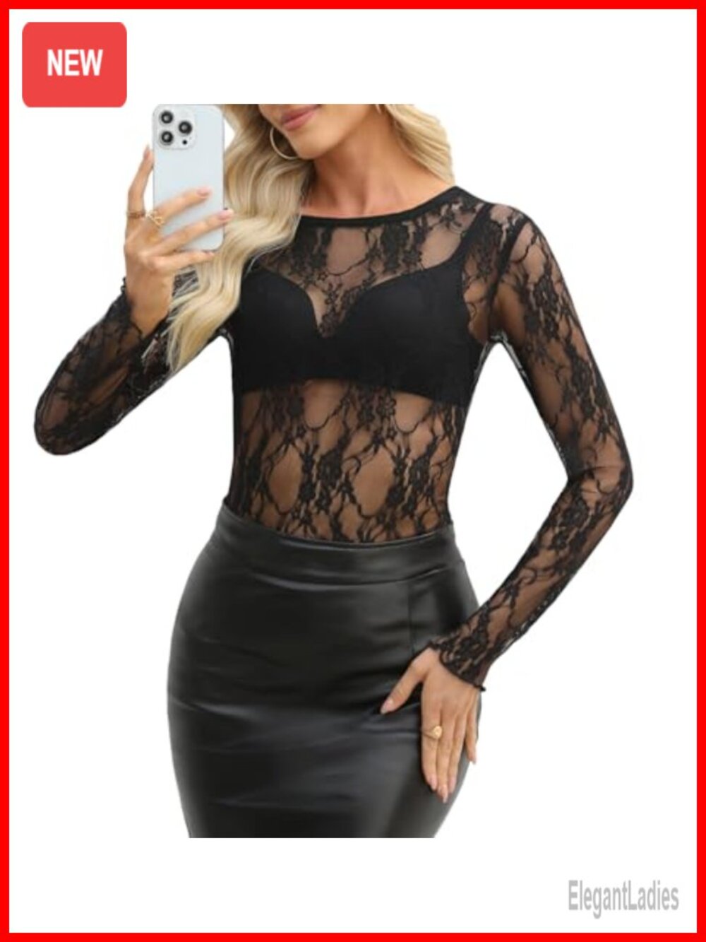 Womens Sheer Lace Mesh Long Sleeve Crew Neck Blouse Party Club Top